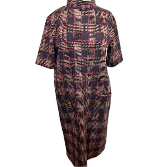 Zara Woman Black Red Brown Houndstooth Midi Dress - Women L - Mod Academia 60s - Picture 1 of 5